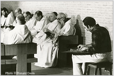 Stanley Roseman drawing Trappist monks in Choir, St. Sixtus Abbey, Flanders.  Photo by Ronald Davis
